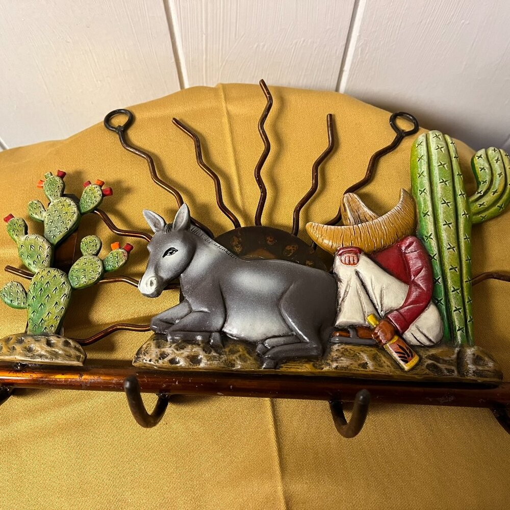 Siesta Themed Wall Hanger for Keys, Donkey, Cactus, Metal 12x9 - Picture 3 of 6